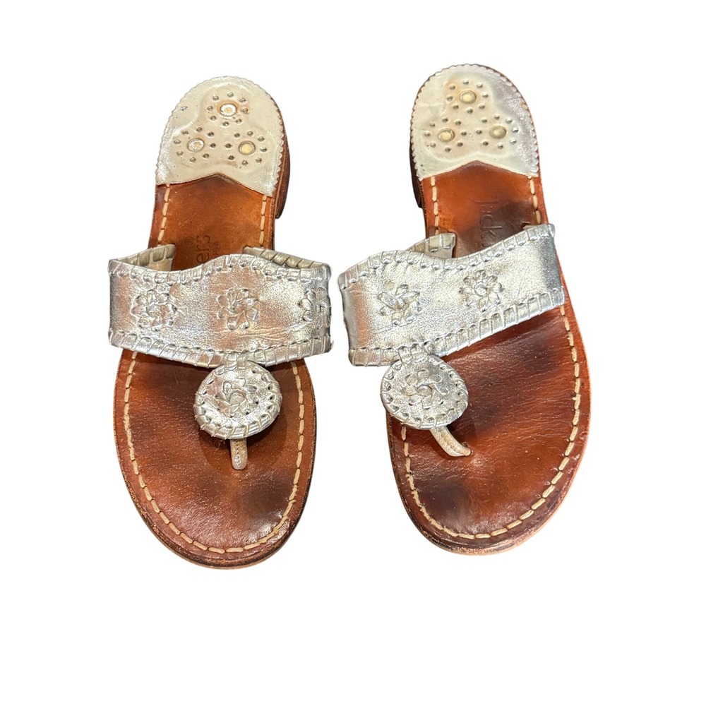 Jack Rogers Jacks Flat Sandals Silver Metallic Leather Whipstitch Thong 6M